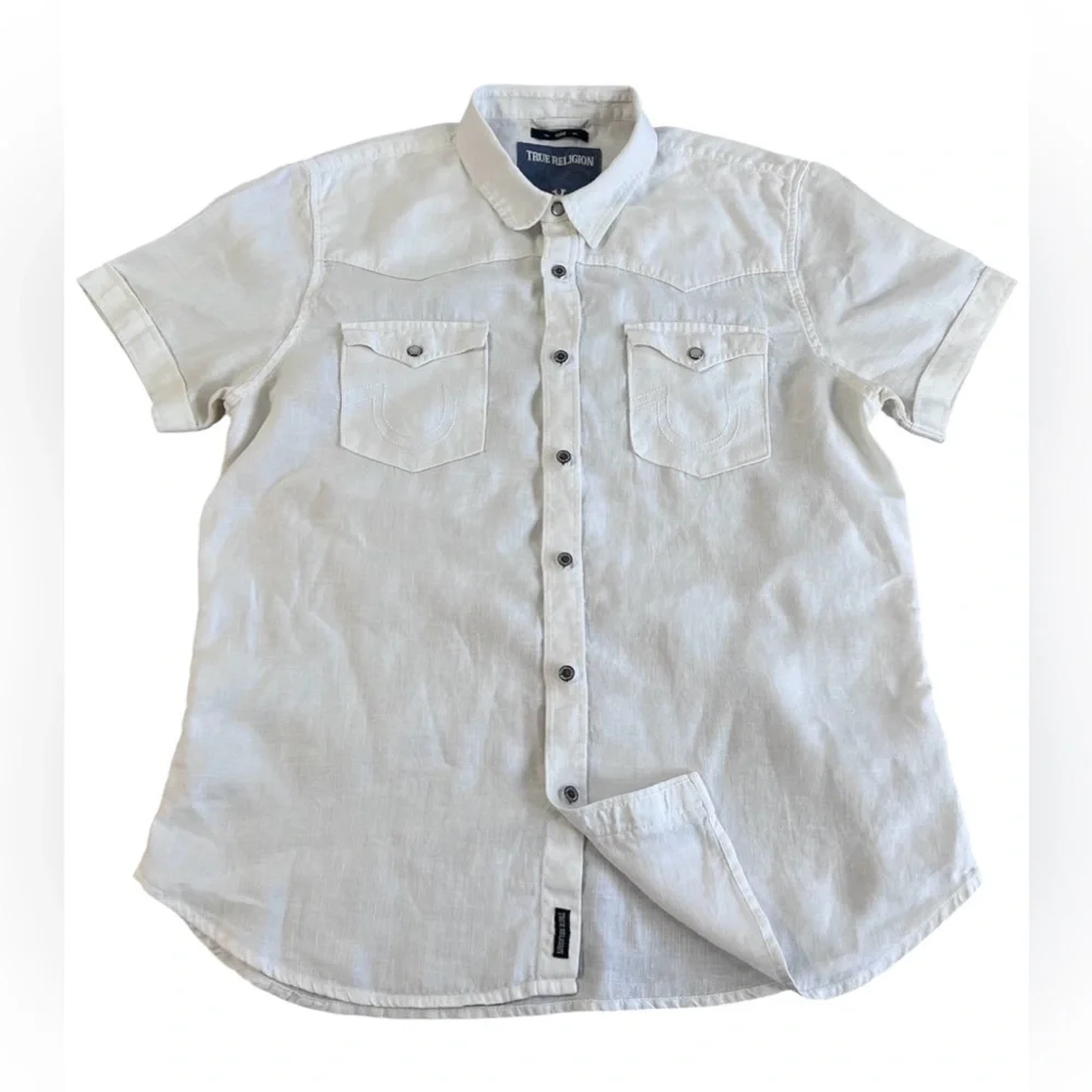 TRUE RELIGION Shirt Men L 100% Linen Button up Slim Western Short Sleeve White